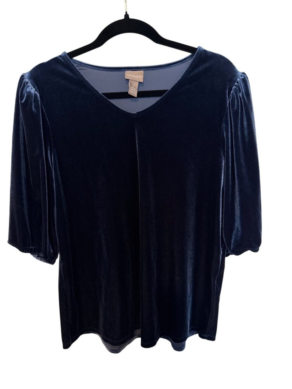 Chicos 2 Womens Navy Blue Velvet Pullover Top Size large V-Neck 1/2 sleeve